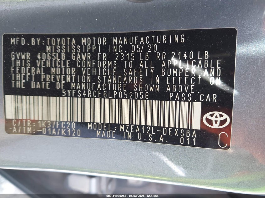 2020 TOYOTA COROLLA SE - 5YFS4RCE6LP052056