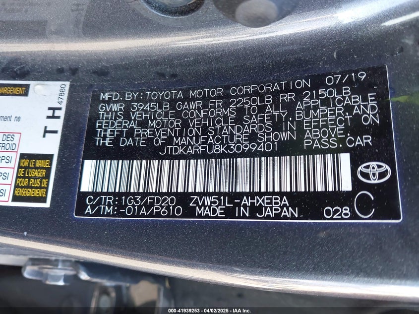 2019 TOYOTA PRIUS VIN: JTDKARFU8K3099401