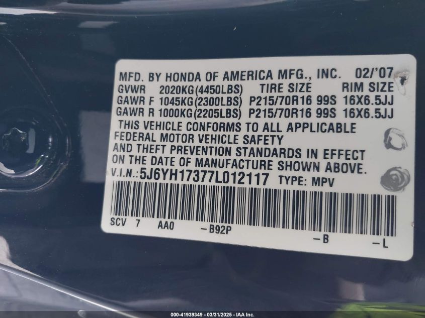 2007 Honda Element Lx VIN: 5J6YH17377L012117 Lot: 41939349