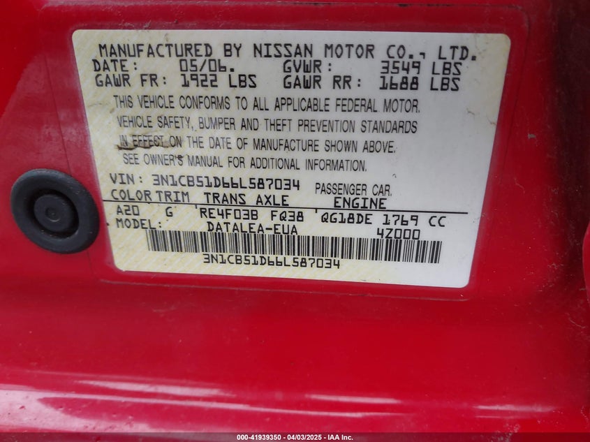 2006 NISSAN SENTRA VIN: 3N1CB51D66L587034