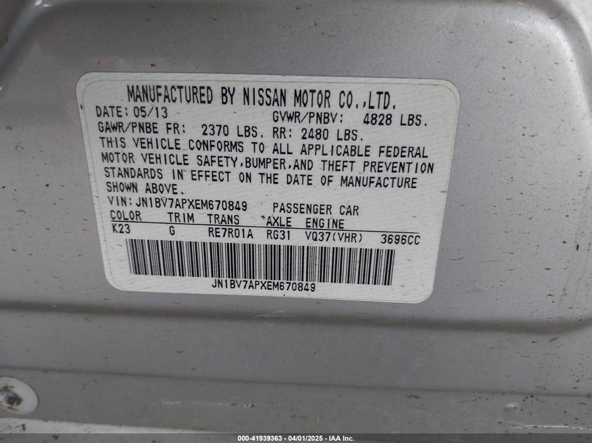 2014 INFINITI Q50 VIN: JN1BV7APXEM670849