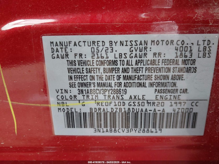 2023 NISSAN SENTRA VIN: 3N1AB8CV3PY288619