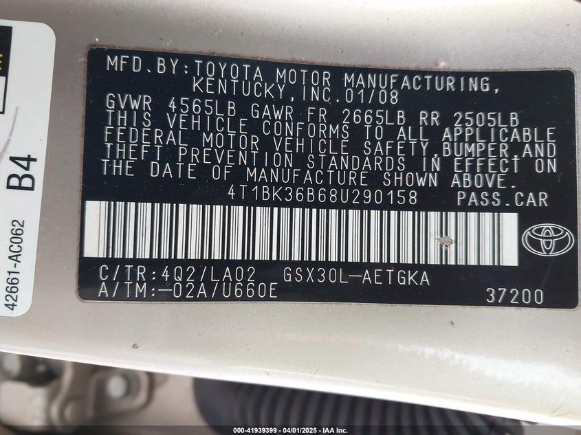 2008 TOYOTA AVALON VIN: 4T1BK36B68U290158