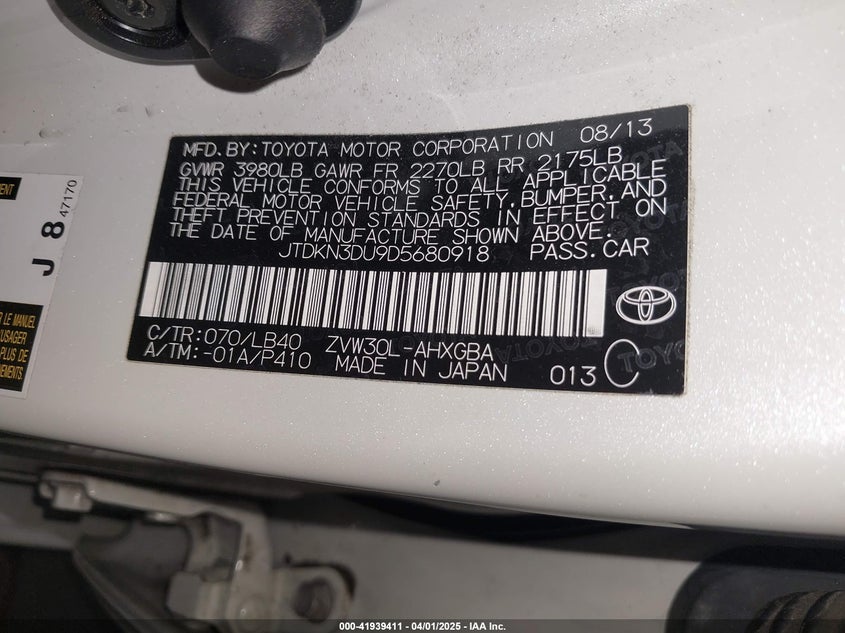2013 TOYOTA PRIUS VIN: JTDKN3DU9D5680918