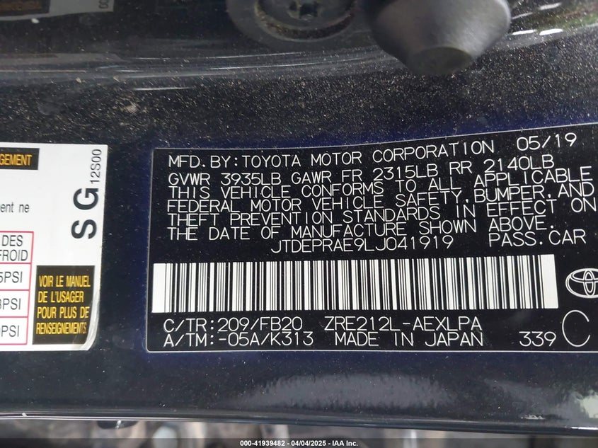 2020 TOYOTA COROLLA VIN: JTDEPRAE9LJ041919