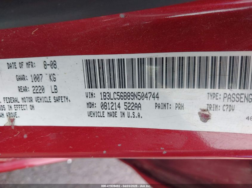 2009 Dodge Avenger R/T VIN: 1B3LC56B89N504744 Lot: 41939492