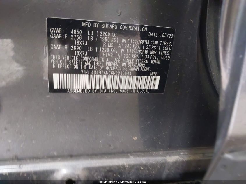 2022 Subaru Outback Limited VIN: 4S4BTANC6N3250644 Lot: 41939617