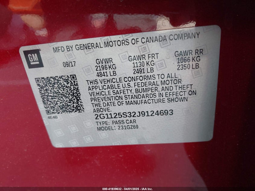 2018 CHEVROLET IMPALA VIN: 2G1125S32J9124693