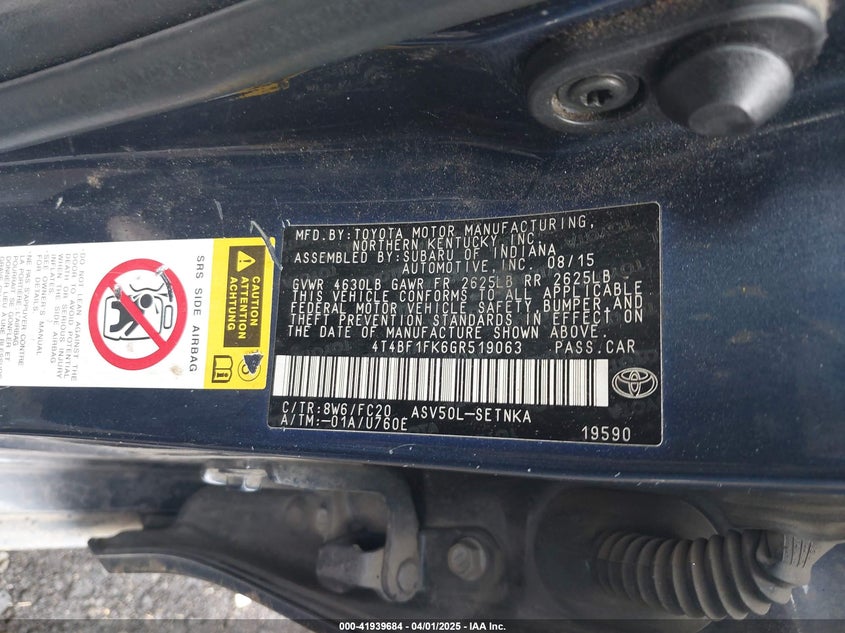 2016 TOYOTA CAMRY VIN: 4T4BF1FK6GR519063