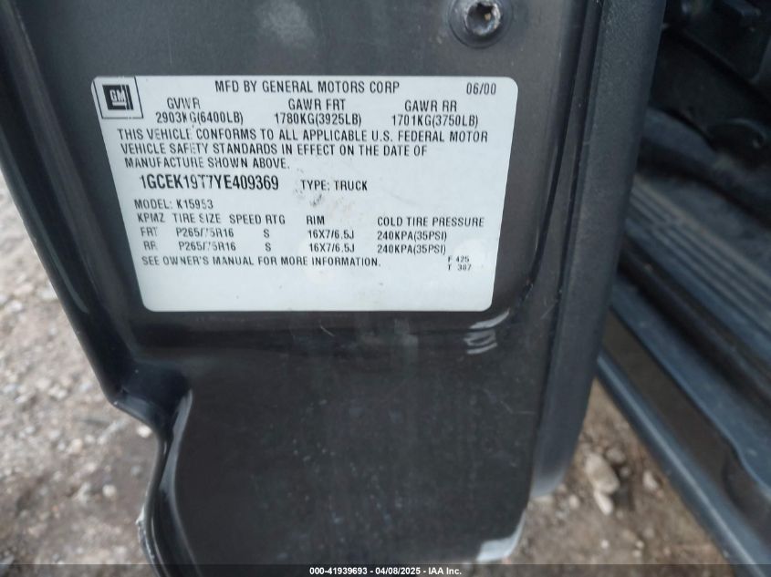 2000 Chevrolet Silverado 1500 Ls VIN: 1GCEK19T7YE409369 Lot: 41939693