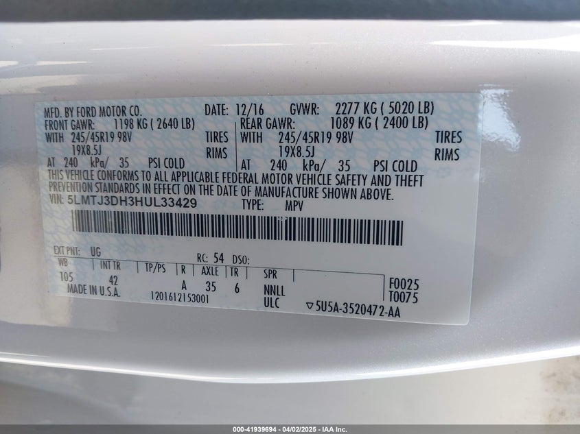 2017 LINCOLN MKC RESERVE - 5LMTJ3DH3HUL33429