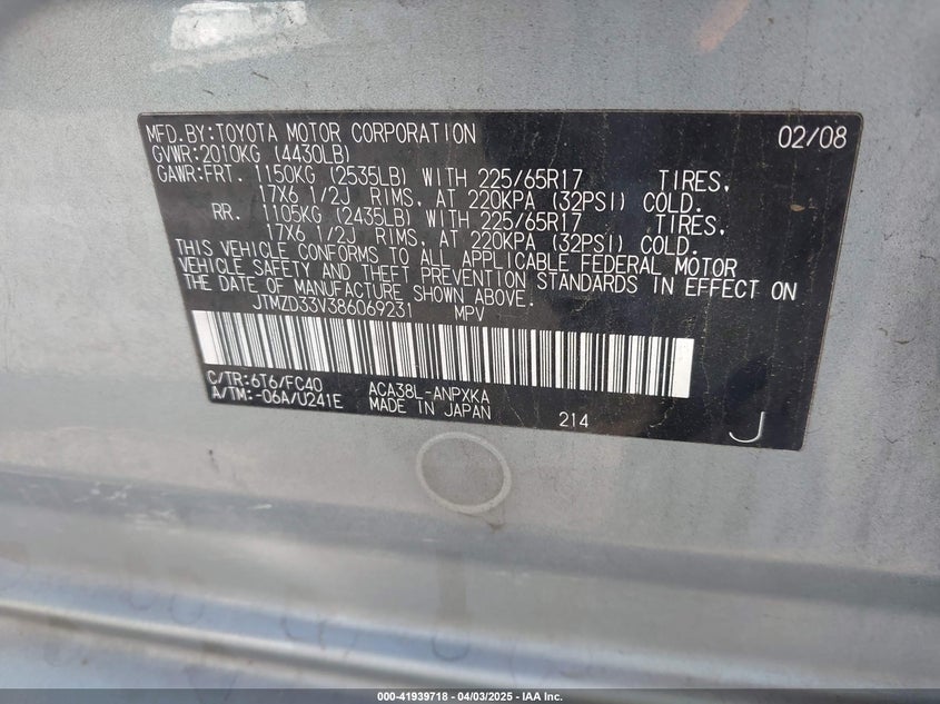2008 TOYOTA RAV4 VIN: JTMZD33V386069231