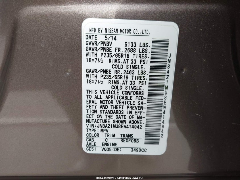 2014 NISSAN MURANO SV - JN8AZ1MU8EW414942