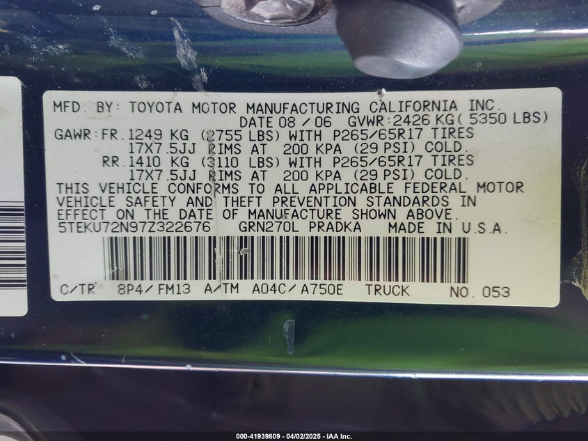 2007 TOYOTA TACOMA VIN: 5TEKU72N97Z322676
