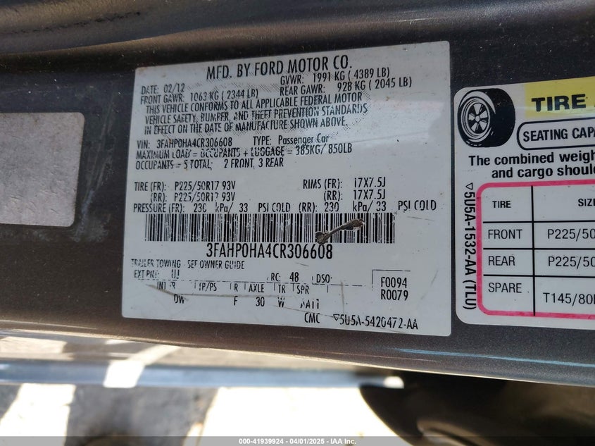 2012 FORD FUSION VIN: 3FAHP0HA4CR306608