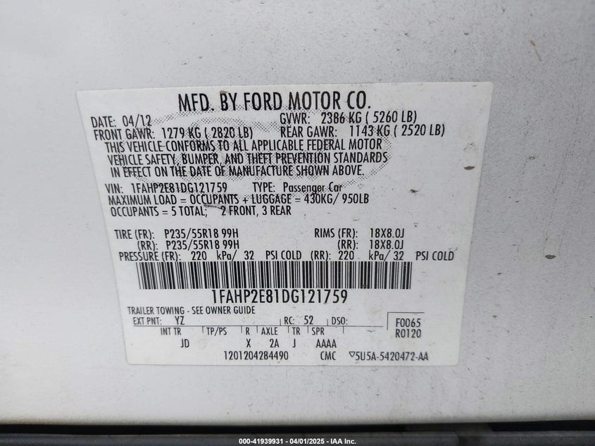2013 FORD TAURUS VIN: 1FAHP2E81DG121759