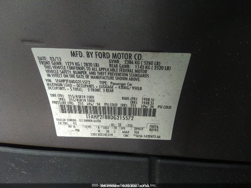2013 Ford Taurus Limited VIN: 1FAHP2F88DG215572 Lot: 41939995