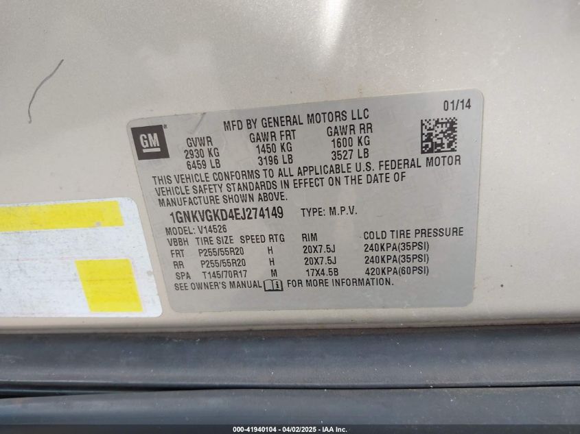 2014 Chevrolet Traverse 1Lt VIN: 1GNKVGKD4EJ274149 Lot: 41940104
