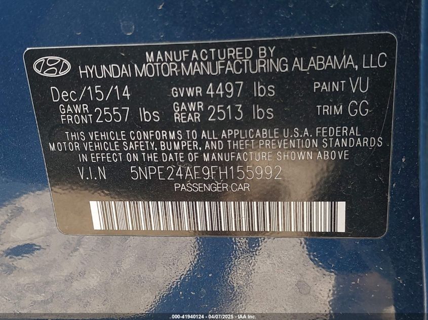 2015 Hyundai Sonata Se VIN: 5NPE24AF9FH155992 Lot: 41940124