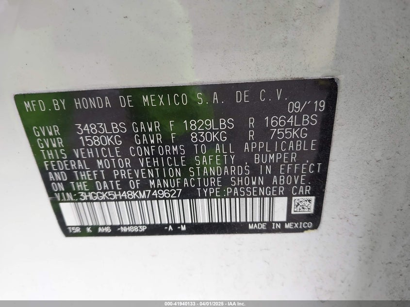 2019 HONDA FIT VIN: 3HGGK5H48KM749627