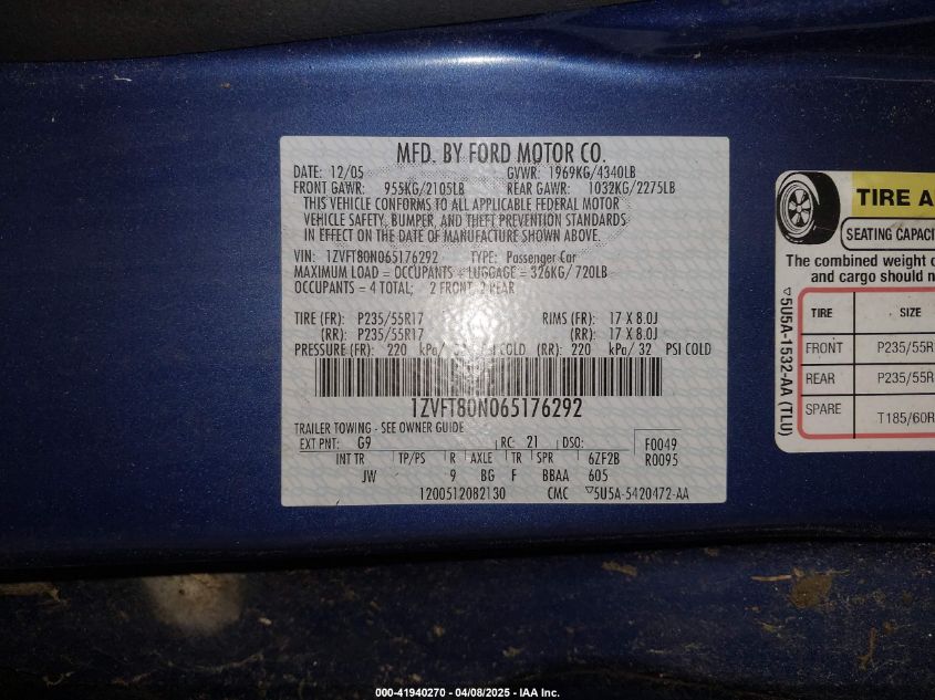 2006 Ford Mustang V6 VIN: 1ZVFT80N065176292 Lot: 41940270