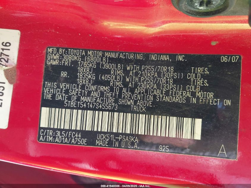 2007 Toyota Tundra Sr5 4.7L V8 VIN: 5TBET54147S455673 Lot: 41940386