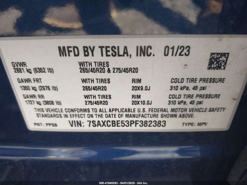 2023 TESLA MODEL X VIN: 7SAXCBE53PF382383