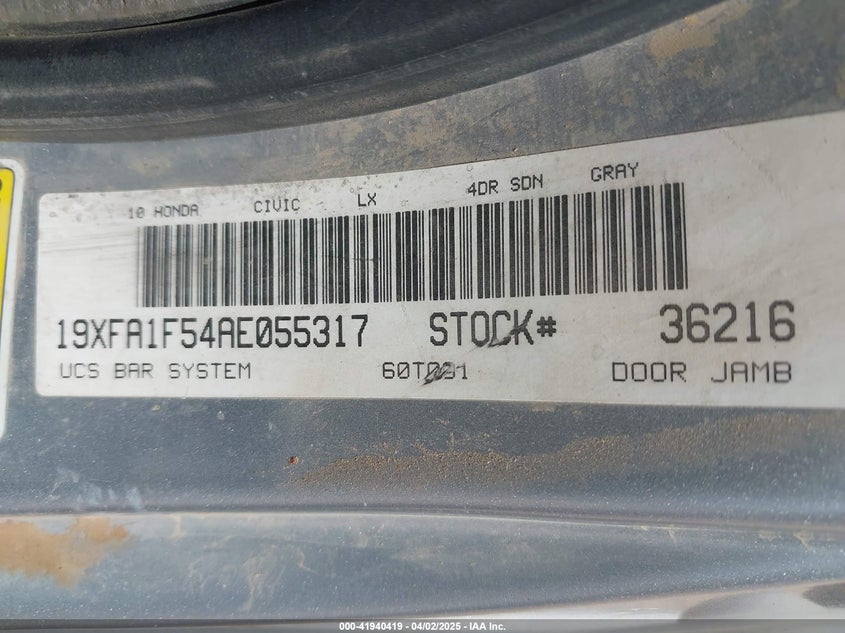 2010 HONDA CIVIC VIN: 19XFA1F54AE055317