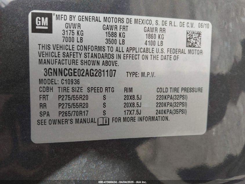 2010 Chevrolet Avalanche 1500 Ltz VIN: 3GNNCGE02AG281107 Lot: 41940434