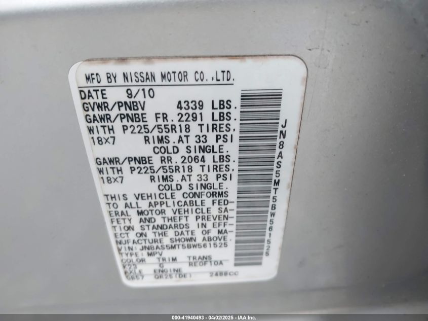 2011 Nissan Rogue Sv VIN: JN8AS5MT5BW561525 Lot: 41940493