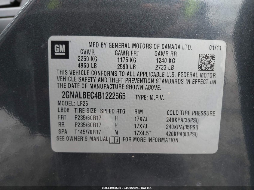 2011 CHEVROLET EQUINOX VIN: 2GNALBEC4B1222565