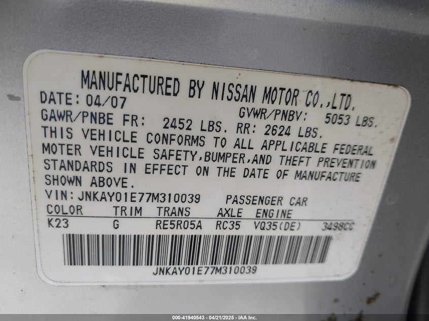 2007 INFINITI M35 VIN: JNKAY01E77M310039