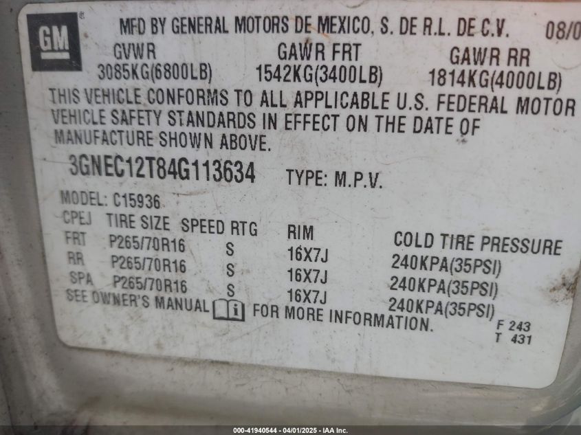 2004 Chevrolet Avalanche 1500 VIN: 3GNEC12T84G113634 Lot: 41940544