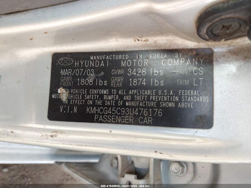 2003 Hyundai Accent Gl VIN: KMHCG45C93U476176 Lot: 41940608