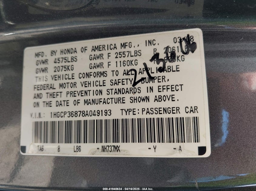 2008 HONDA ACCORD VIN: 1HGCP36878A049193