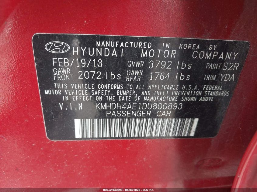 2013 Hyundai Elantra Gls (Ulsan Plant) VIN: KMHDH4AE1DU800893 Lot: 41940693