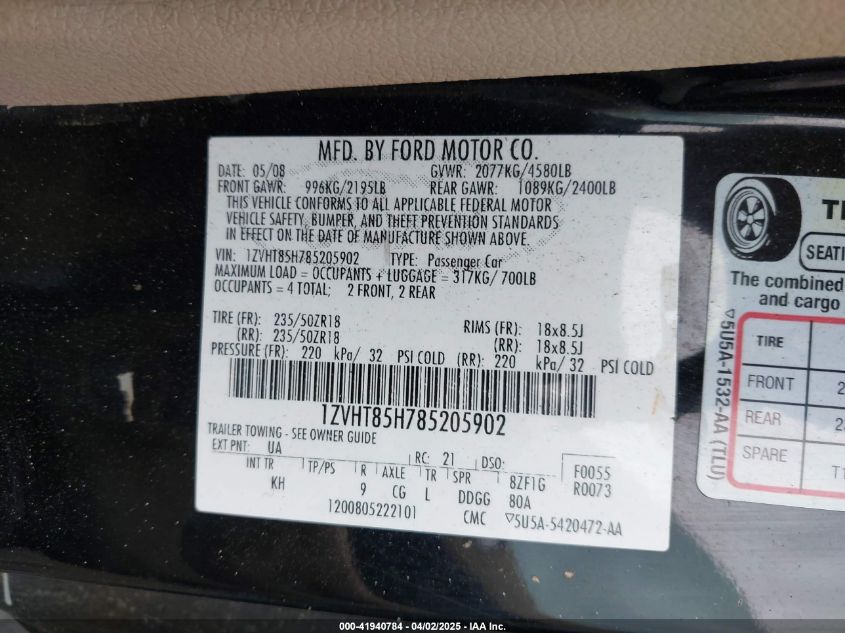 2008 Ford Mustang Gt VIN: 1ZVHT85H785205902 Lot: 41940784