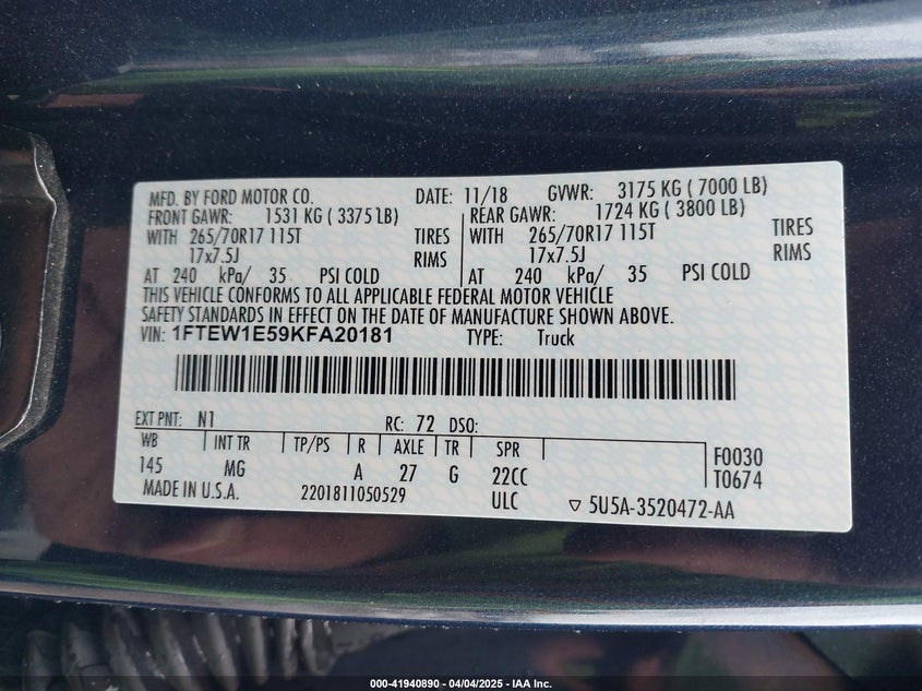 2019 FORD F-150 VIN: 1FTEW1E59KFA20181