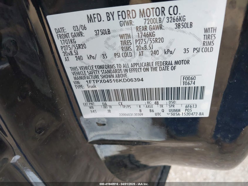 2006 FORD F-150 VIN: 1FTPX04516KD06394