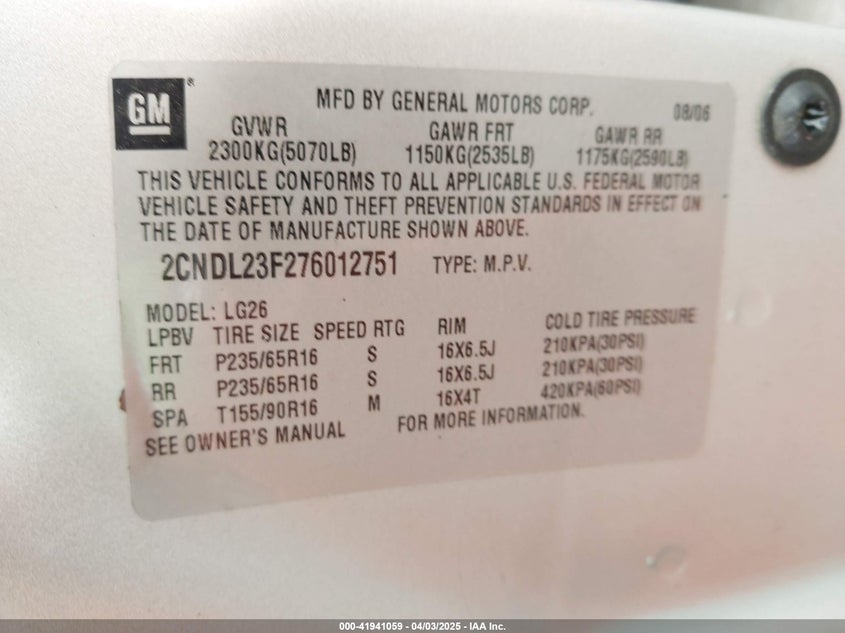 2007 CHEVROLET EQUINOX VIN: 2CNDL23F276012751