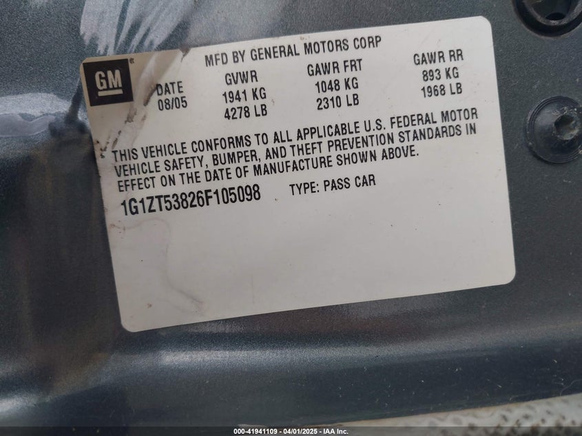 2006 CHEVROLET MALIBU VIN: 1G1ZT53826F105098