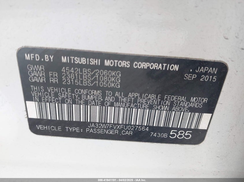 2015 MITSUBISHI LANCER VIN: JA32W7FVXFU027564