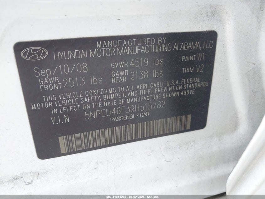 2009 HYUNDAI SONATA VIN: 5NPEU46F39H515782