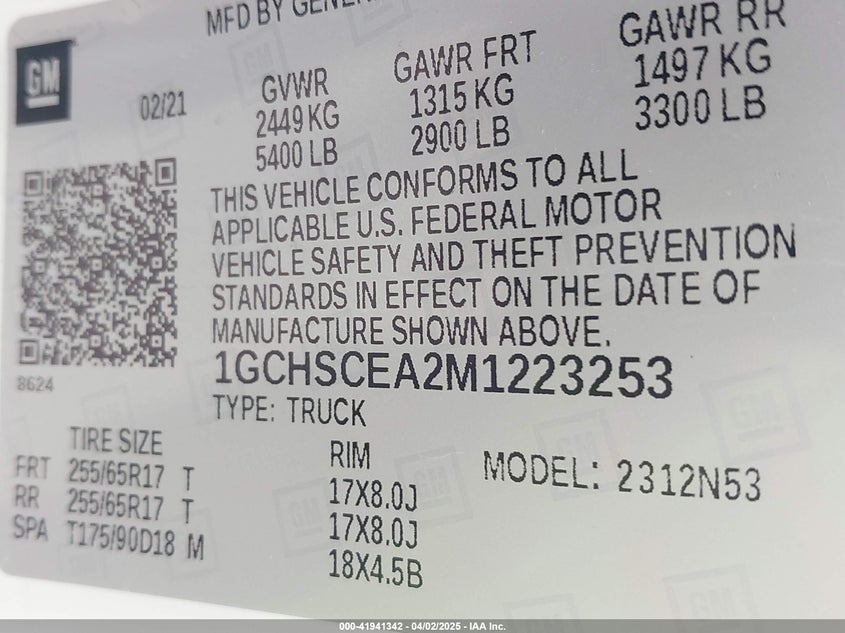 2021 CHEVROLET COLORADO VIN: 1GCHSCEA2M1223253