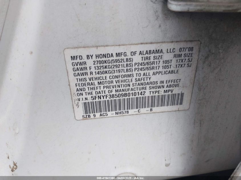 2009 Honda Pilot Ex-L VIN: 5FNYF385092010142 Lot: 41941360