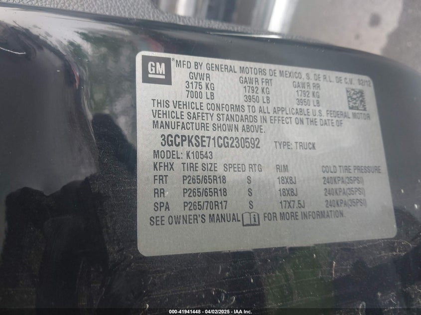 2012 CHEVROLET SILVERADO VIN: 3GCPKSE71CG230592