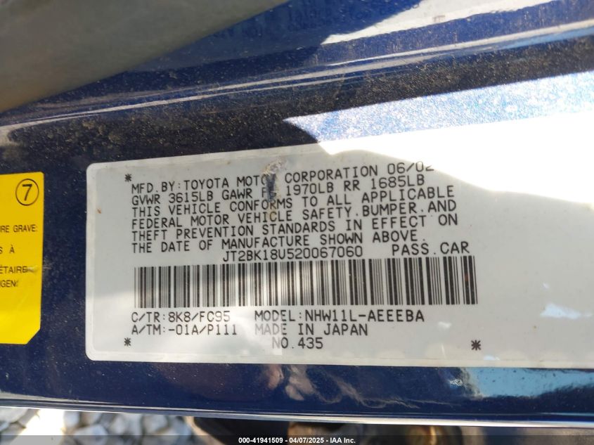 2002 Toyota Prius VIN: JT2BK18U520067060 Lot: 41941509