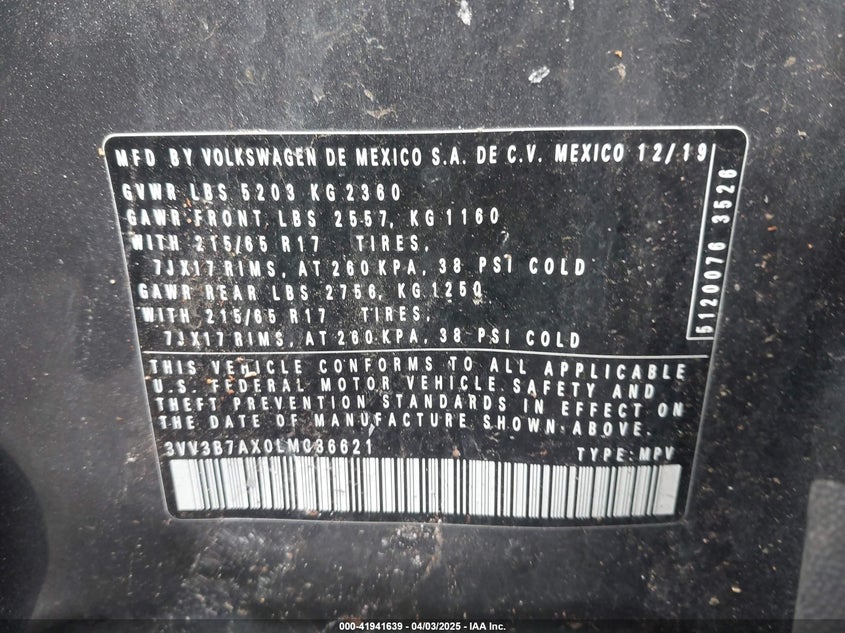 2020 VOLKSWAGEN TIGUAN VIN: 3VV3B7AX0LM086621