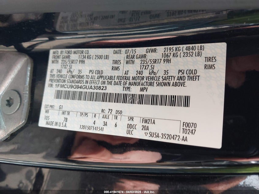 2016 FORD ESCAPE VIN: 1FMCU9G94GUA30823