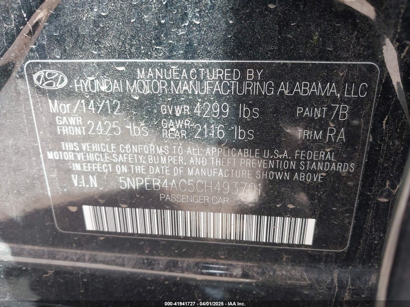 2012 HYUNDAI SONATA VIN: 5NPEB4AC5CH493701